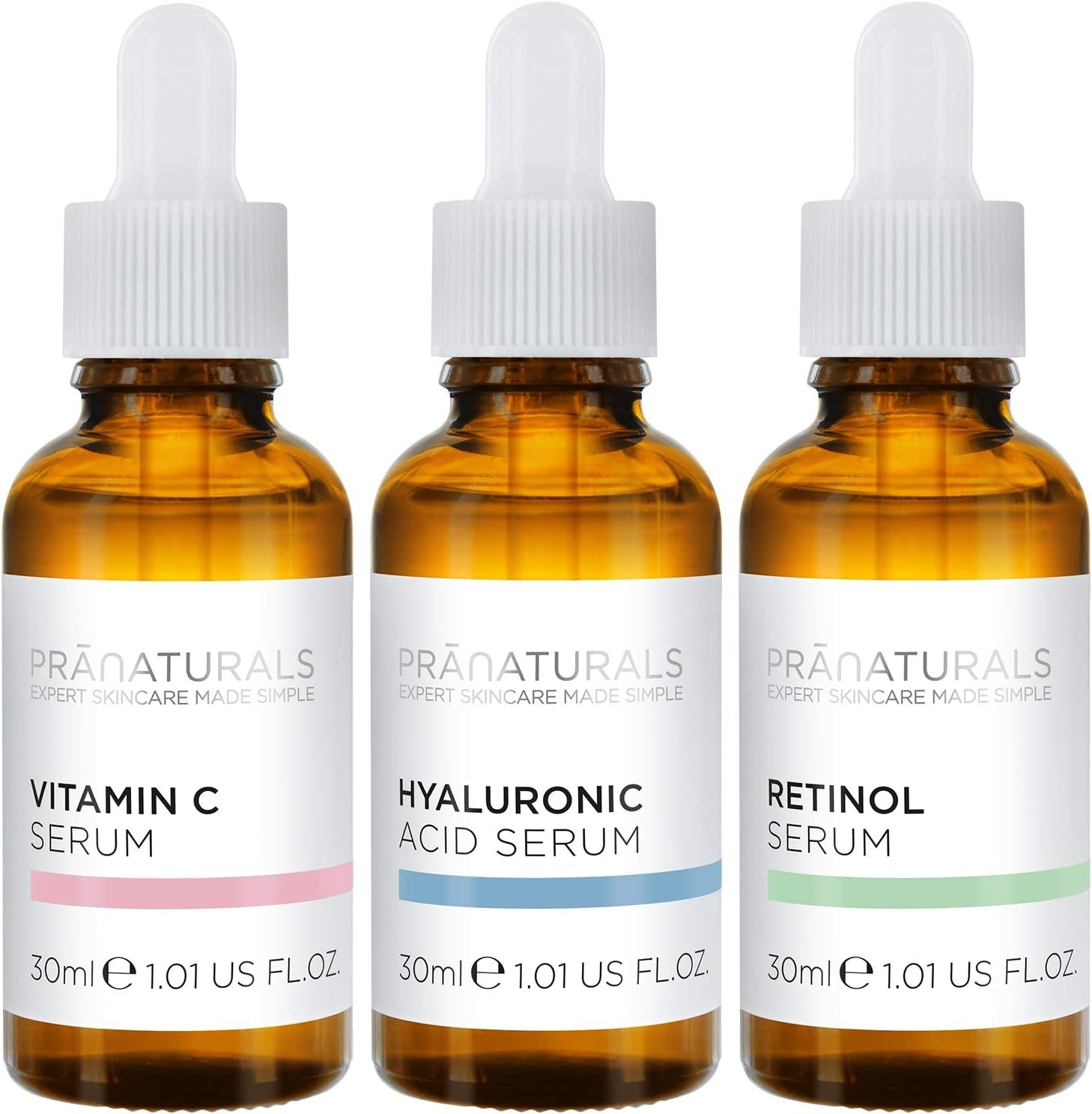 Pranaturals Kit De Sérums Faciales 3X30Ml - Ácido Hialurónico, Retinol Y Vitamina C - Borra Las Líneas Finas Y Las Arrugas, Enriquecido Con Aceites Y Vitaminas Naturales