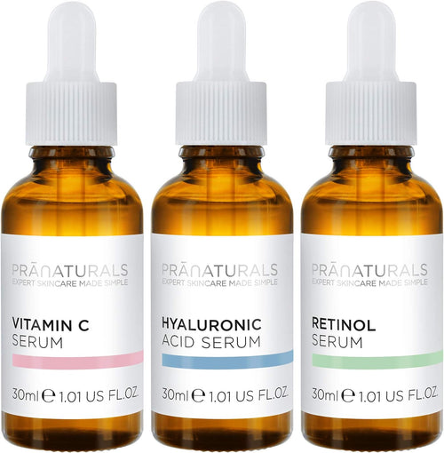 Pranaturals Kit De Sérums Faciales 3X30Ml - Ácido Hialurónico, Retinol Y Vitamina C - Borra Las Líneas Finas Y Las Arrugas, Enriquecido Con Aceites Y Vitaminas Naturales